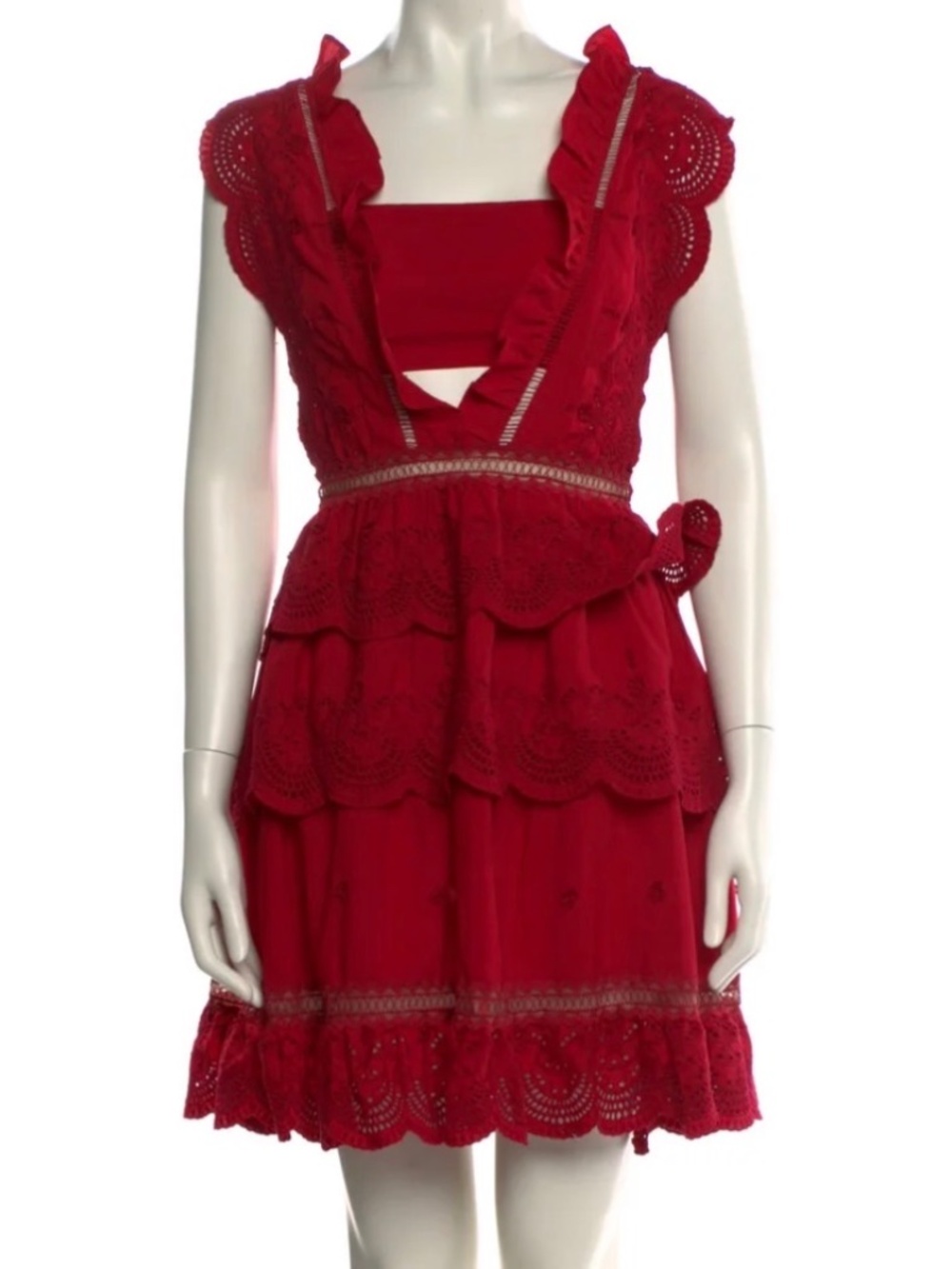 Self portrait ruffle / lace red square neck mini dress size XS